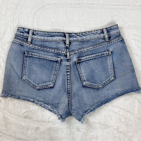 Bongo Cut Off Raw Hem Jean Shorts Size 7 Crochet Lace Aztec Print Mosaic Boho - Picture 6 of 6